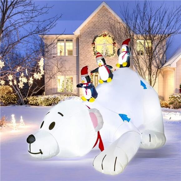 8 Feet Christmas Inflatable Decor Penguins Fishing on Big Polar Bear, with LED - Picture 1 of 8
